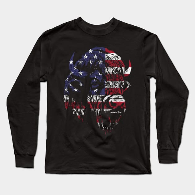 American Flag Buffalo Bison Long Sleeve T-Shirt by Trippycollage